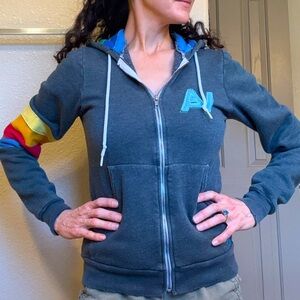 Rare EUC Aviator Nation grey (one sleeve) rainbow hoodie